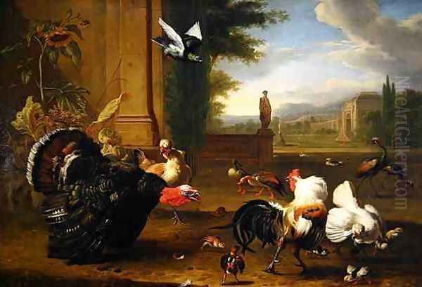 A Turkey Cock and Cockerel and other exotic fowl in a park setting Oil Painting by Melchior de Hondecoeter