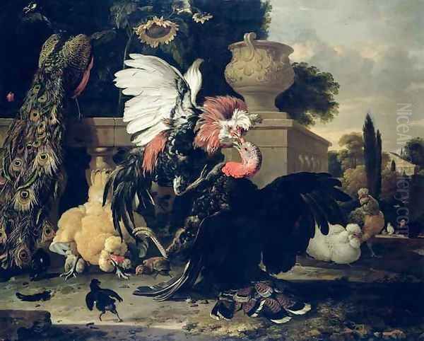 Fight between a Rooster and a Turkey Oil Painting by Melchior de Hondecoeter