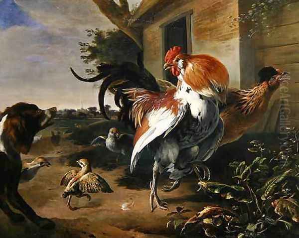 Poultry and Spaniel in a farmyard Oil Painting by Melchior de Hondecoeter