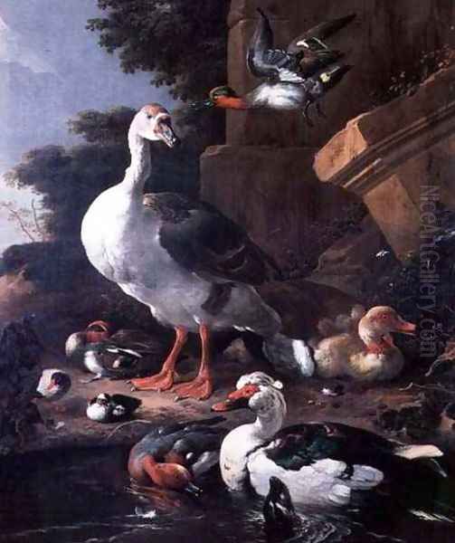 Waterfowl in a classical landscape Oil Painting by Melchior de Hondecoeter