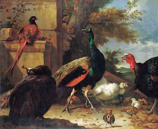 A peacock, a peahen, a pheasant, a turkey, a cockerel and chicks by a wall, a landscape beyond Oil Painting by Melchior de Hondecoeter