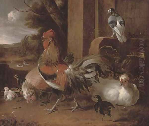 A cockerel, hens and pigeon by a wall, a landscape beyond Oil Painting by Melchior de Hondecoeter