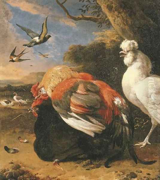 Coupling chickens in a landscape Oil Painting by Melchior de Hondecoeter