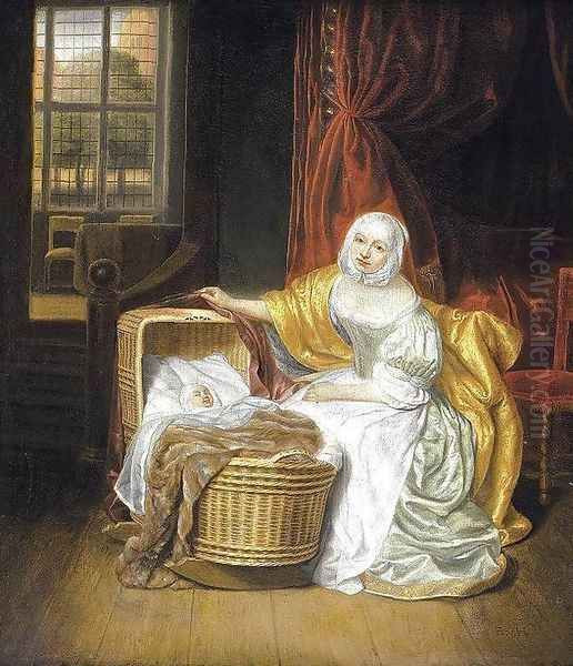 Mother with a Child in a Wicker Cradle Oil Painting by Samuel Van Hoogstraten