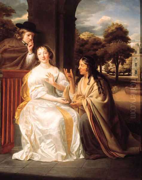 A gipsy telling the fortune of a young couple under an arcade she seated small full length, wearing a white silk dress with yellow wrap Oil Painting by Samuel Van Hoogstraten