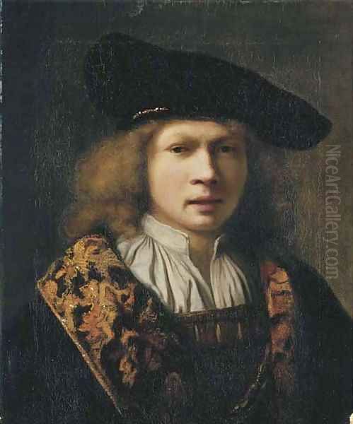 Portrait of a young man, bust-length, in a brocade-lined cloak and a velvet black cap Oil Painting by Samuel Van Hoogstraten