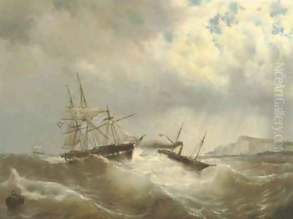 A tug-boat rescuing a Dutch frigate in distress Oil Painting by Mauritz F. H. de Haas