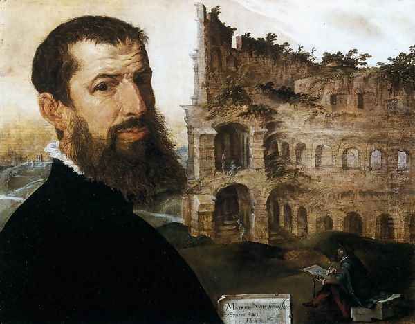 Self-Portrait in Rome with the Colosseum 1553 Oil Painting by Maerten van Heemskerck