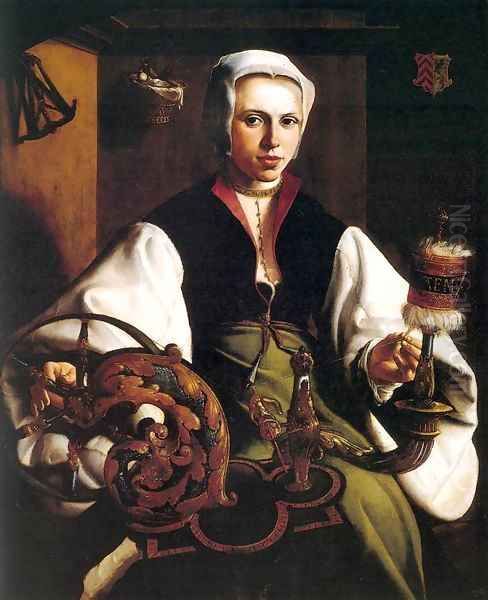 Portrait of a Lady Spinning Oil Painting by Maerten van Heemskerck