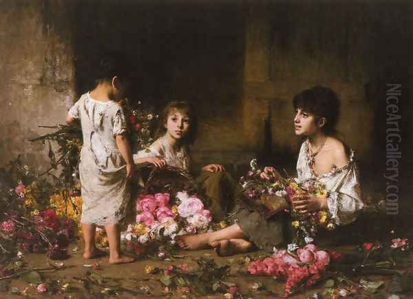 The Flower Girls Oil Painting by Alexei Alexeivich Harlamoff