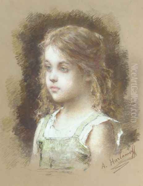 Young Girl In A Green Tunic Oil Painting by Alexei Alexeivich Harlamoff