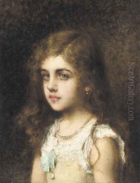 Young Girl With A Turquoise Bow Oil Painting by Alexei Alexeivich Harlamoff