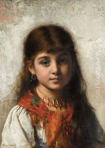 Girl with Coral Necklace and Shawl Oil Painting by Alexei Alexeivich Harlamoff