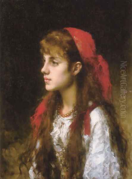 A Russian Beauty Oil Painting by Alexei Alexeivich Harlamoff