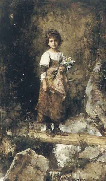 A Peasant Girl On A Footbridge Oil Painting by Alexei Alexeivich Harlamoff