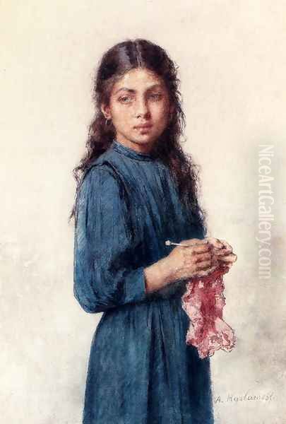 A Young Girl Knitting Oil Painting by Alexei Alexeivich Harlamoff