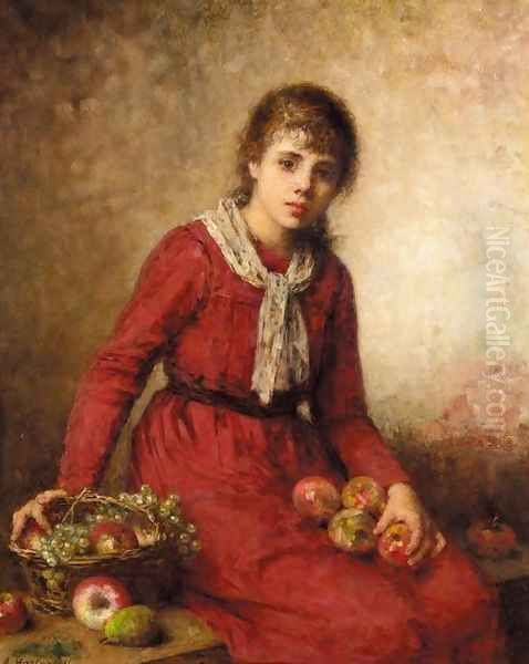 Girl with Fruit Oil Painting by Alexei Alexeivich Harlamoff