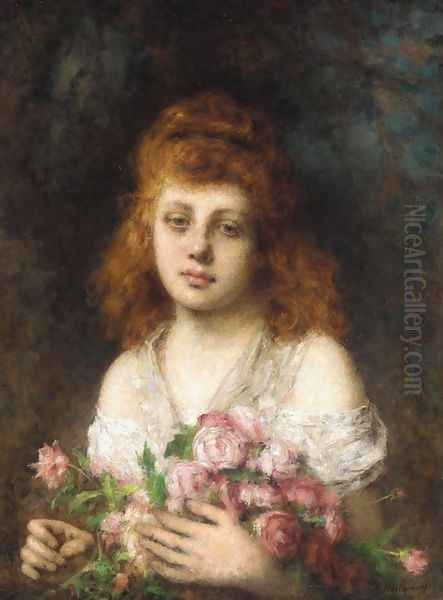 Auburn Haired Beauty With Bouqet Of Roses Oil Painting by Alexei Alexeivich Harlamoff