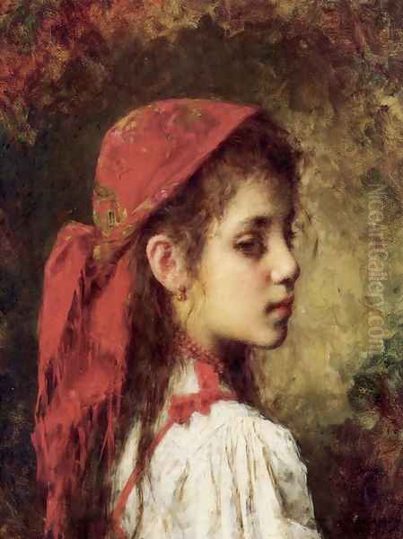 Portrait Of A Young Girl In A Red Kerchief Oil Painting by Alexei Alexeivich Harlamoff