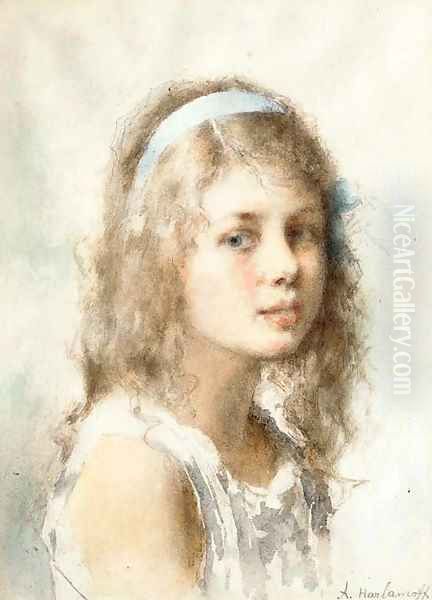 Portrait of Young Girl with Blue Ribbon Oil Painting by Alexei Alexeivich Harlamoff