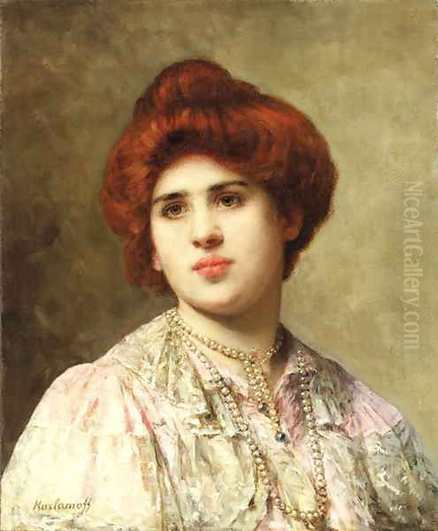 A auburn haired beauty in pearls Oil Painting by Alexei Alexeivich Harlamoff