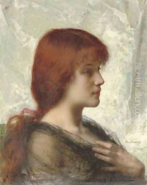 An auburn beauty Oil Painting by Alexei Alexeivich Harlamoff