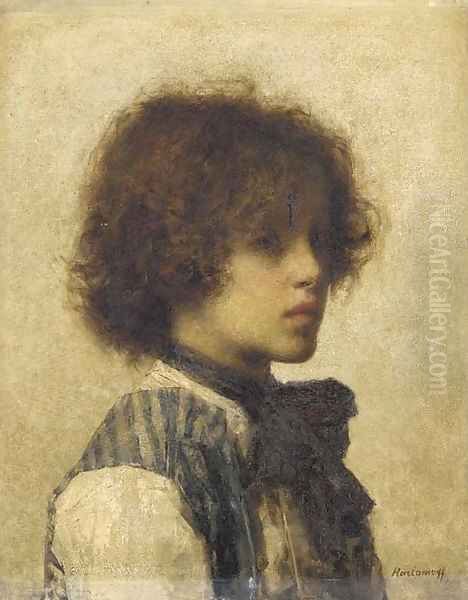 A Young Boy wearing a Striped Vest Oil Painting by Alexei Alexeivich Harlamoff