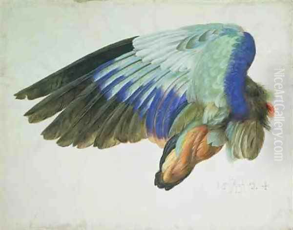 The Right Wing of a Blue Roller Coracia garrulus copy of an original by Albrecht Durer of 1512 Oil Painting by Hans Hoffmann