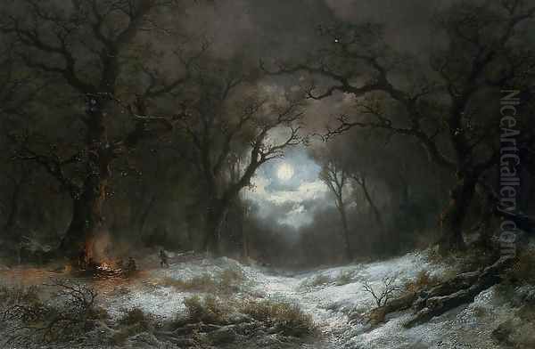 A Moonlit Winter Landscape Oil Painting by Remigius Adriannus van Haanen