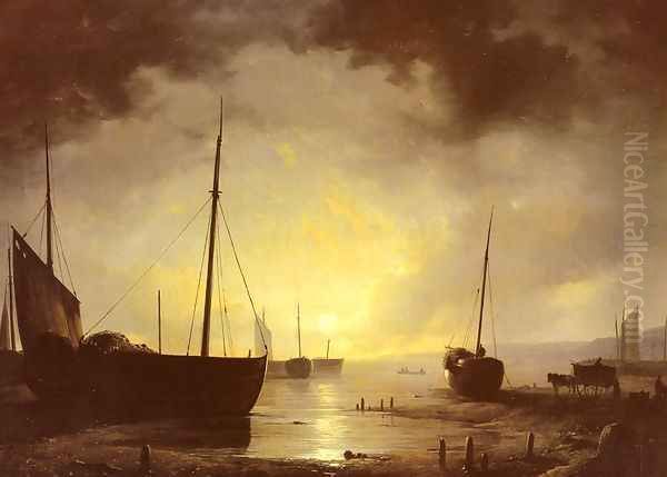 Beached Fishing Boats by Moonlight Oil Painting by Remigius Adriannus van Haanen