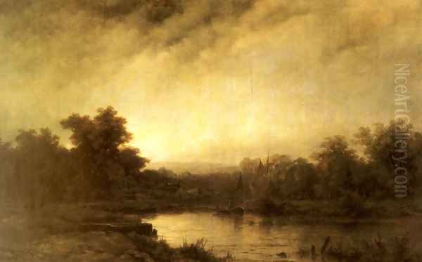 A River Landscape Oil Painting by Remigius Adriannus van Haanen