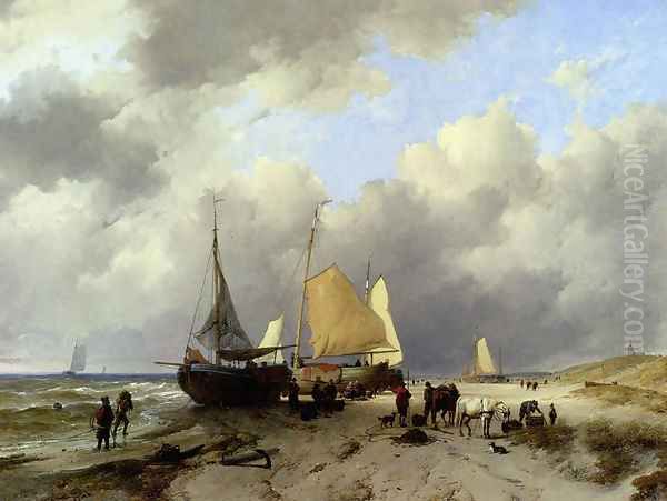 Unloading The Catch Oil Painting by Remigius Adriannus van Haanen