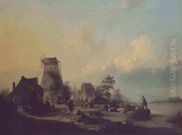 Figures by a Channel Oil Painting by Remigius Adriannus van Haanen