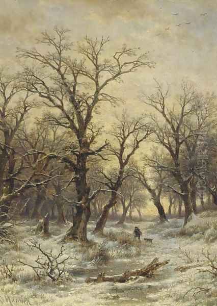 Huntsman in a winter landscape Oil Painting by Remigius Adriannus van Haanen