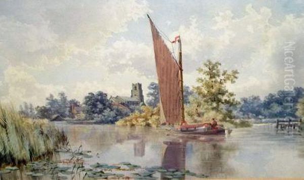 A Wherry Passing Horning Church Oil Painting by Stephen John Batchelder