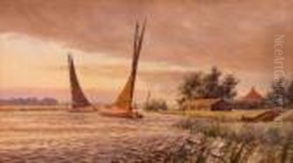 Broads Scene With Barges
And Boathouse Oil Painting by Stephen John Batchelder