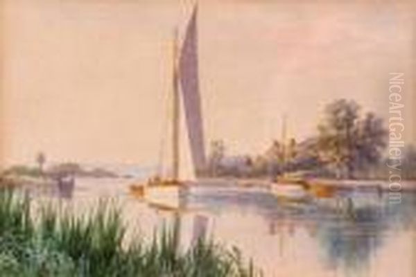 A Calm Day, Hornsey Ferry With Sailing Yachts Oil Painting by Stephen John Batchelder