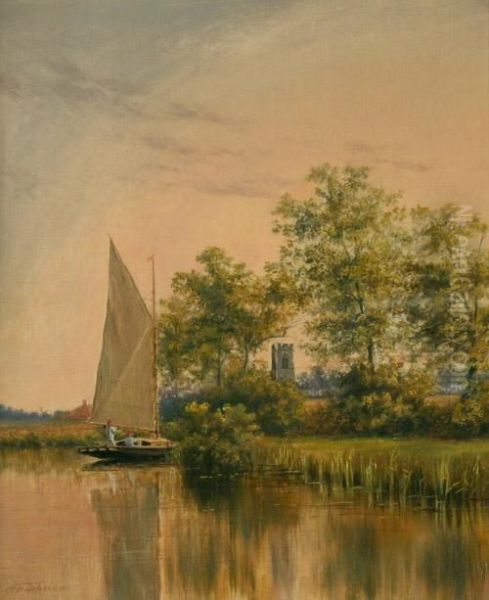 Landscape With Sailing Boat On The Norfolk Broads Oil Painting by Stephen John Batchelder