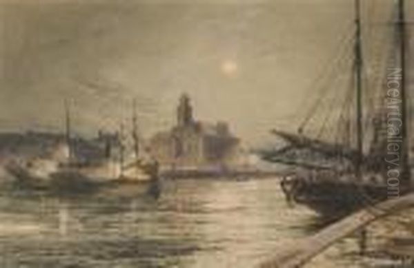 The Quay, Great Yarmouth By Moonlight Oil Painting by Stephen John Batchelder