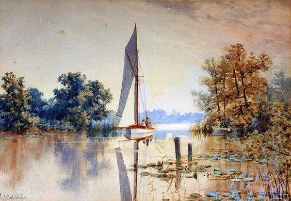 Yacht On The River Oil Painting by Stephen John Batchelder