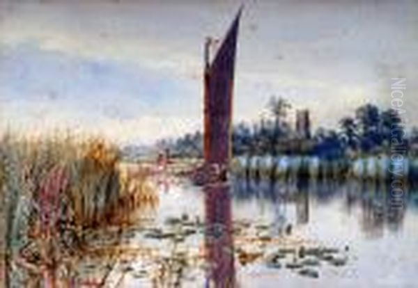 A Canal Boat On The River, With Church In The Distance Oil Painting by Stephen John Batchelder