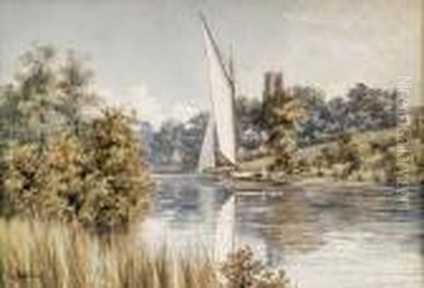 A Norfolk Wherry Under Sale, Achurch Tower In The Distance Oil Painting by Stephen John Batchelder