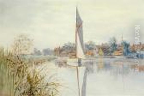 White Boats With Broadland Village Beyond Oil Painting by Stephen John Batchelder