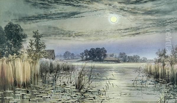 Salhouse Broad By Moonlight Oil Painting by Stephen John Batchelder