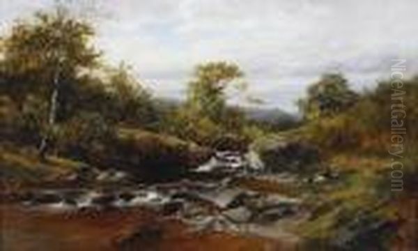 Figure And Dog By A Wooded River Oil Painting by David Bates