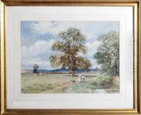 Country Landscape With Two Children And Their Dog Oil Painting by David Bates