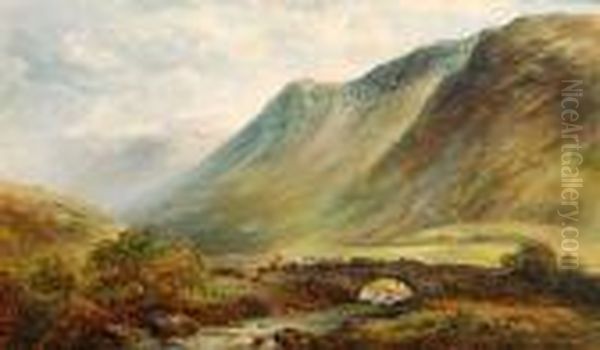 River Landscape With Shepherd Herding Cattleover A Stone Bridge Oil Painting by David Bates