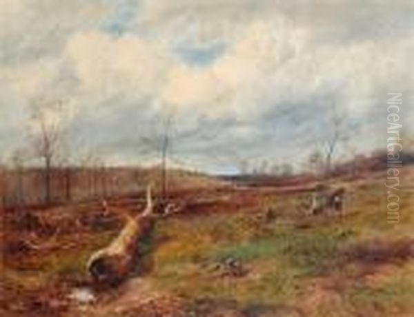 Figures Gathering Wood, Fallen Trees In The Foreground Oil Painting by David Bates