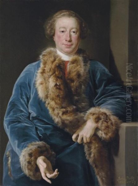 Portrait Of John Rolle Walter 
(1712-1779), Three-quarter-length, In A Fur-trimmed Blue Coat, Leaning 
On A Plinth Oil Painting by Pompeo Gerolamo Batoni