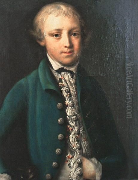 Portrait Of A Young Boy, 
Traditionally Identified As A Young Horatio Nelson, Half-length, In A 
Blue Coat With A White Embroidered Waistcoat, And A Small Dog At His 
Side Oil Painting by Pompeo Gerolamo Batoni